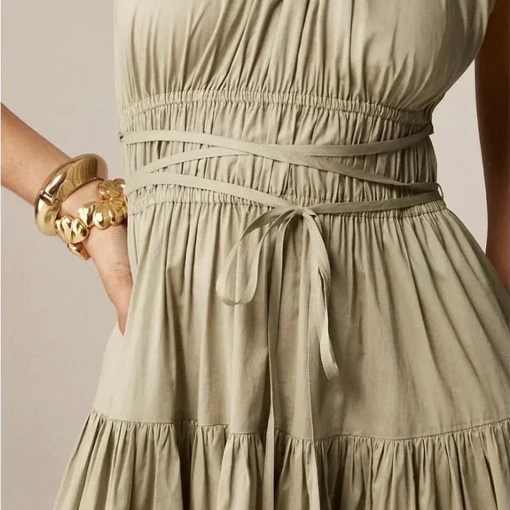 J. Crew Tie Waist Halter Midi Dress Pale Surplus Green A Line Tiered XS - Picture 8 of 9